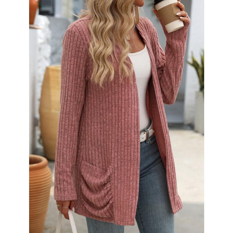 Outono e inverno feminino malhas cor sólida pit listra escovado bolso cardigan manga longa jaqueta