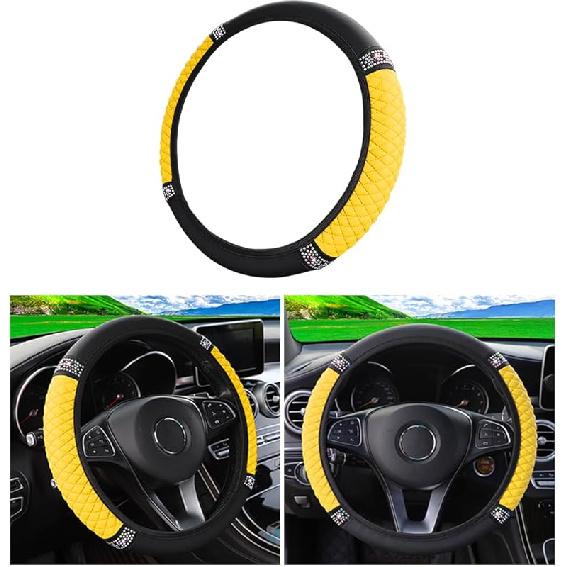 Bling Car Steering Wheel Cover, 15 Inch Rhinestones Soft Leather Elastic Steering Wheel Protector, Sparkly Crystal Diamond For Women Girls, Car