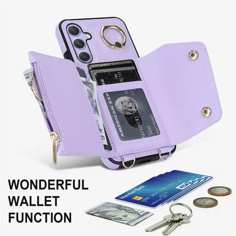 Crossbody Ring Leather Zip Wallet Phone Case for Samsung Galaxy S26 Ultra S25 FE S24 Plus S23 S22 S21 Note 20 Lanyard Cover Bag