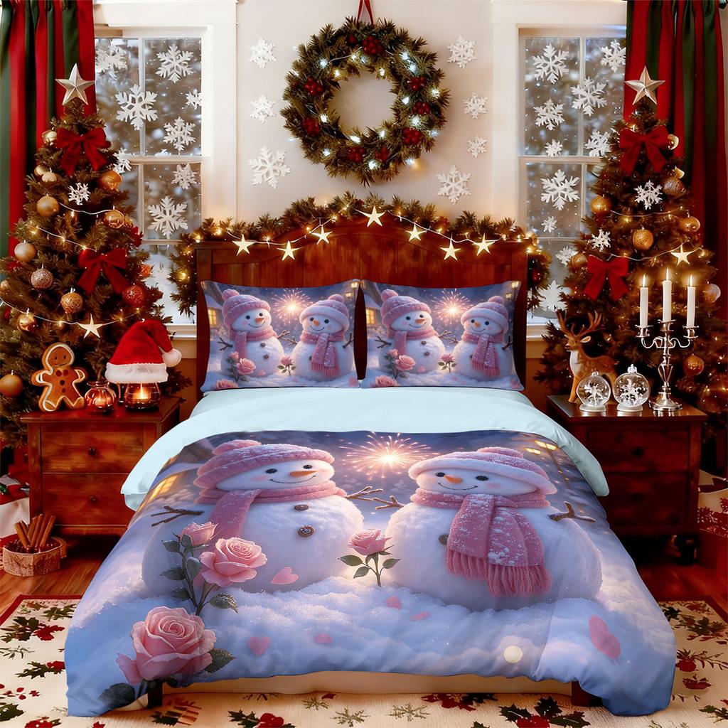 3pcs Merry Christmas Snowman Printed Chipless Quilt Set Multi Size Bedroom Holiday Bedding Holiday Decoration Machine Washable