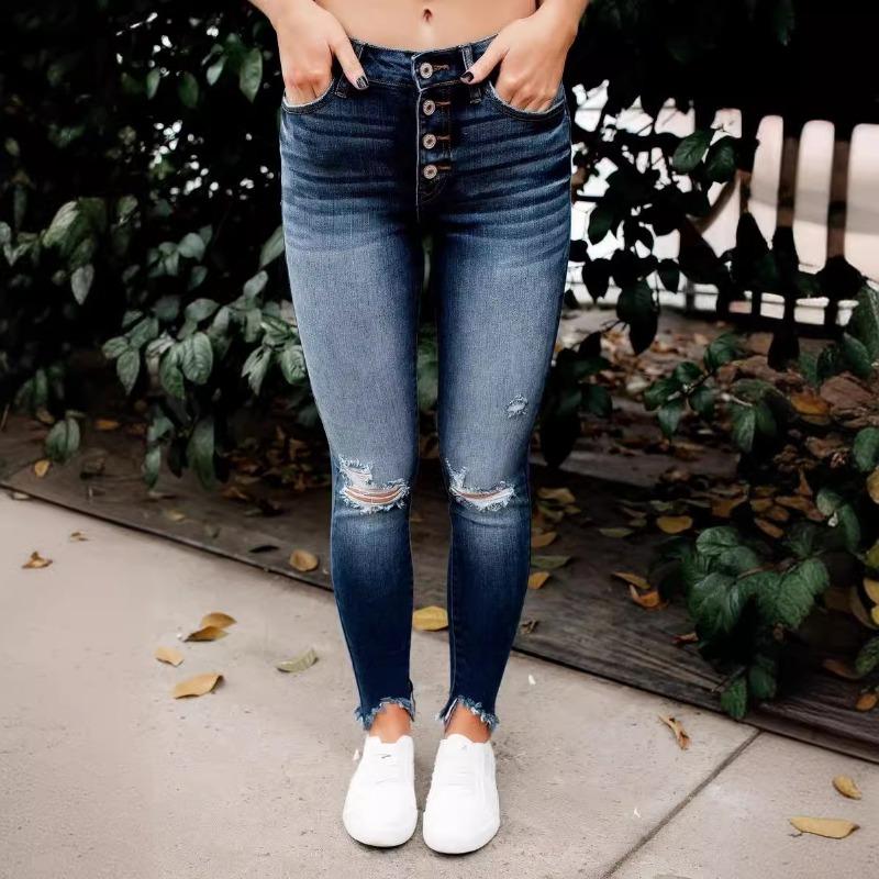 Summer New Jeans Elastic Ripped Slim Fit Comfortable Mid-waist Trousers Women