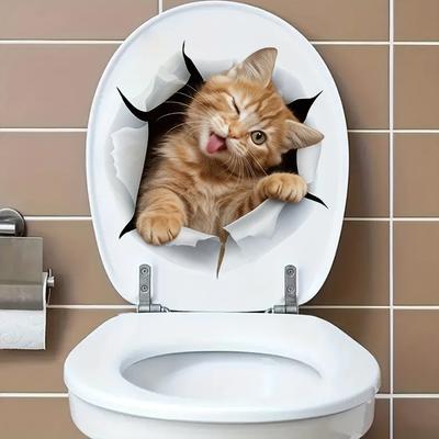 Funny Orange Cat Peeking Out of a Hole Toilet Stickers, Waterproof Self-Adhesive Decor for Toilet Lid Bathroom Decoration