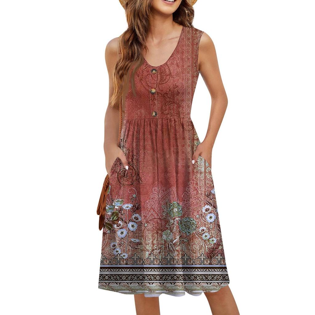 Women Summer Dresses Sleeveless Casual Loose Swing Button Down Midi Sundress With Pockets