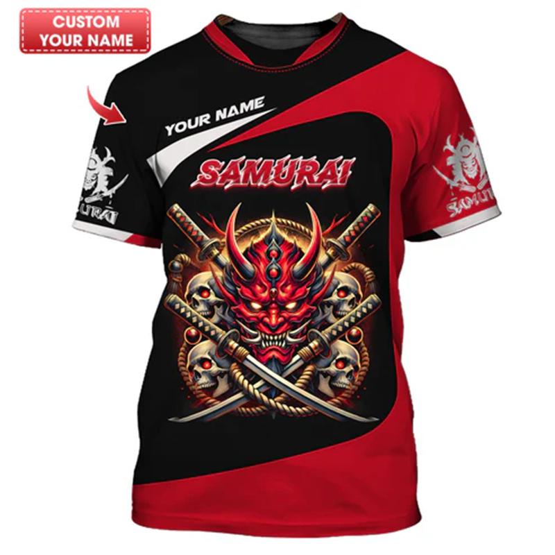 Japanese Samurai Armor Mask Print T-shirt For Men Harajuku Street Custom Name T Shirts