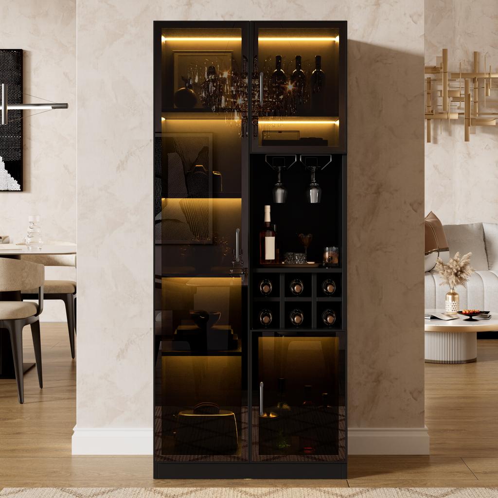 Vitrine mit LED-Beleuchtung App-Steuerbar, Glasschrank mit Glastüren, Weinregal und Stauraum, Wohnzimmerschrank