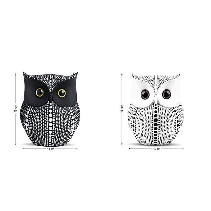 Modern Classy Lucky Owl Resin Art Figure Showpiece (Black and White, 2 Piece)