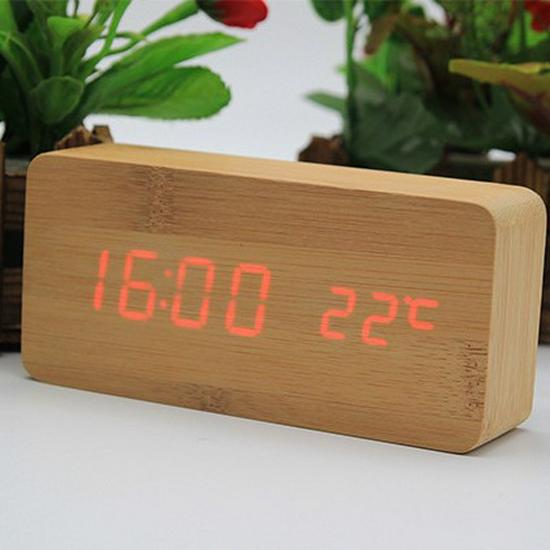Wooden Sound-Control Luminous LED Alarm Clock with Silent Mode & Temperature Display