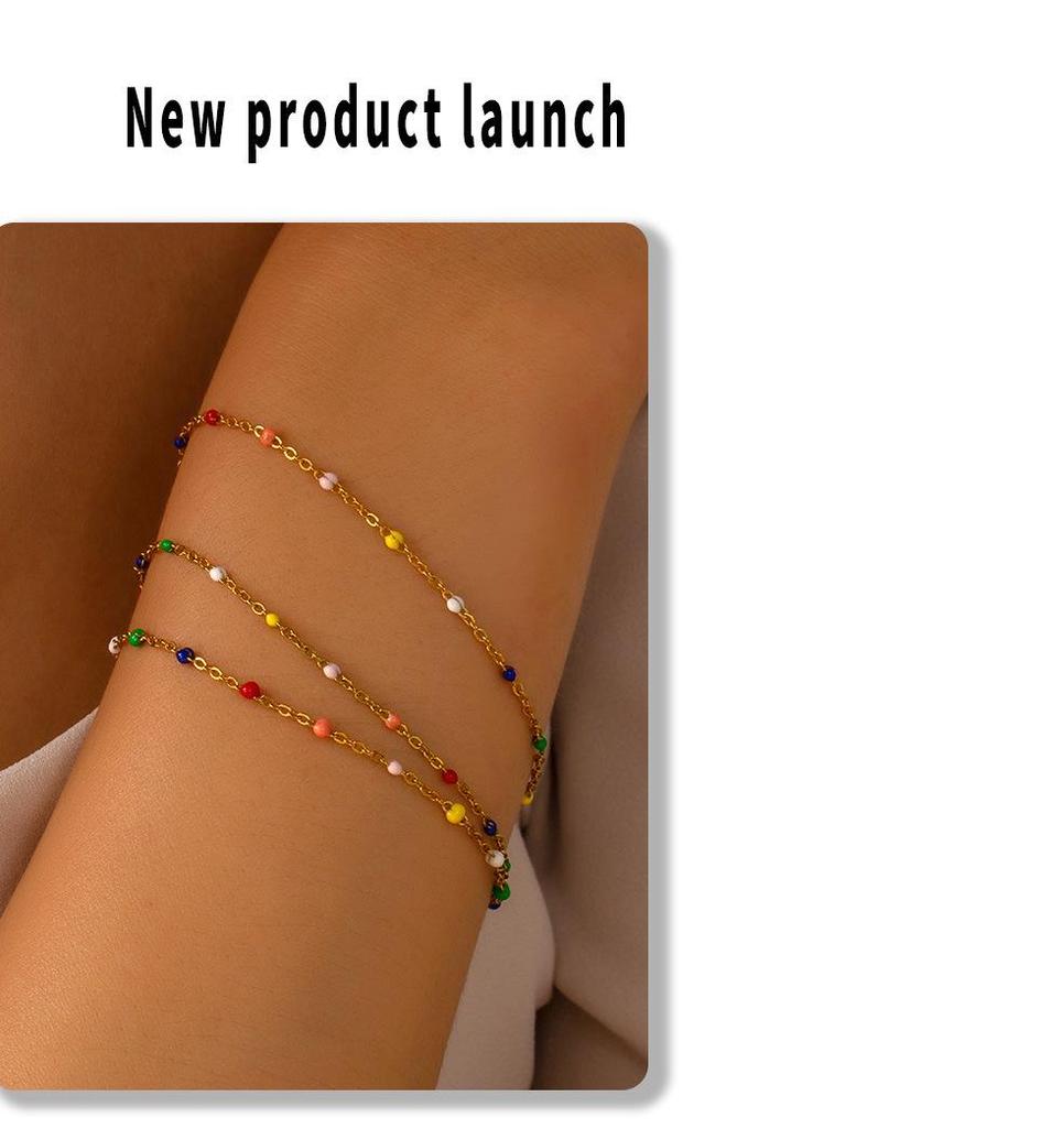 Multicolor Drip Round Bead Gold Layered Bracelet Necklace Set - Ethnic Style Titanium Steel Jewelry.