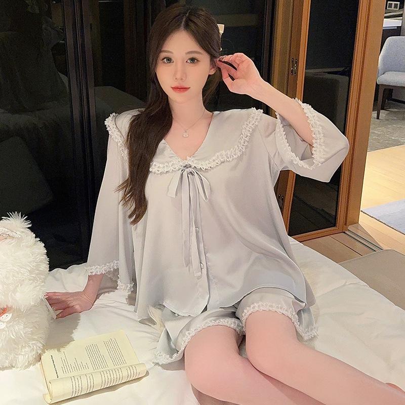 Pajamas women's spring and summer thin summer new ice silk sweet doll collar medium sleeve shorts loungewear set