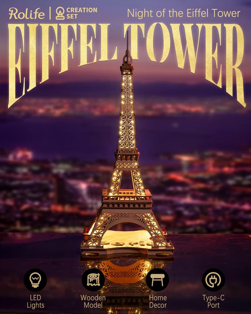 Rolife 3D Puzzle for Glowing Eiffel For LED 4 Interior Handmade Electronic Craft Assembly Birthday Gift Adults, Tower, 53cm, 164pcs, Beginners,