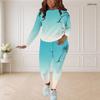 Women Plus Size Two Piece Set Round Neck Long Sleeve Top Fitted Pants Cartoon Printed Colorful Outfit