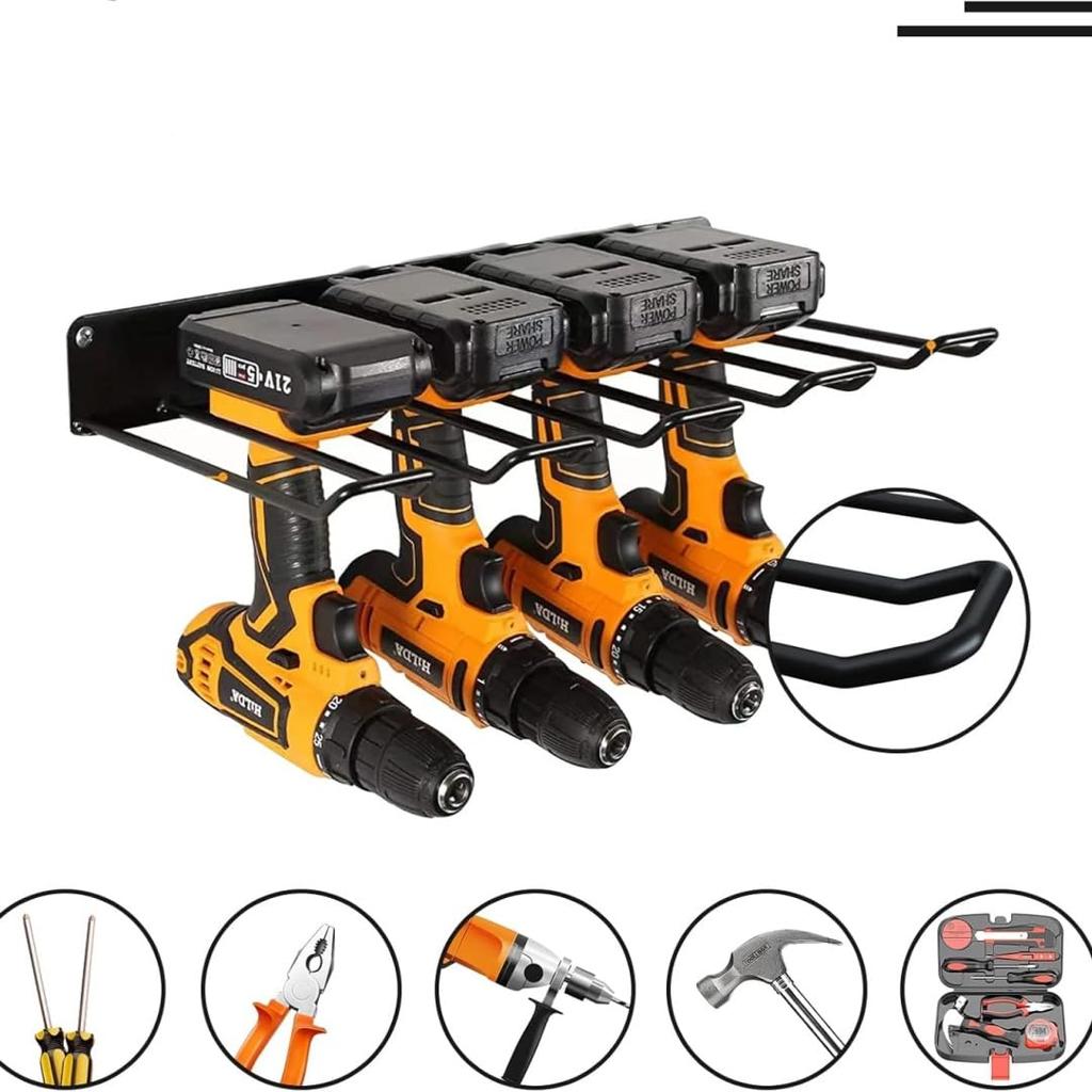 koundeneko Power Tool Electric Drill Storage and Tool Storage for Power Tools and or Home Storage, Wall-Mounted 4-Hole Rack, Heavy-Duty, Sturdy,