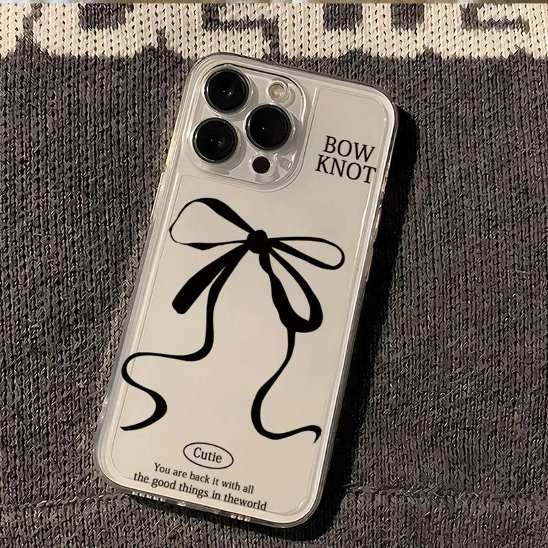 Black Bowknot Minimalist Printed Transparent Anti-Fall Phone Case for Iphone 16 15 14 13 12 11 Pro Max 7 8 Plus 16E Cover