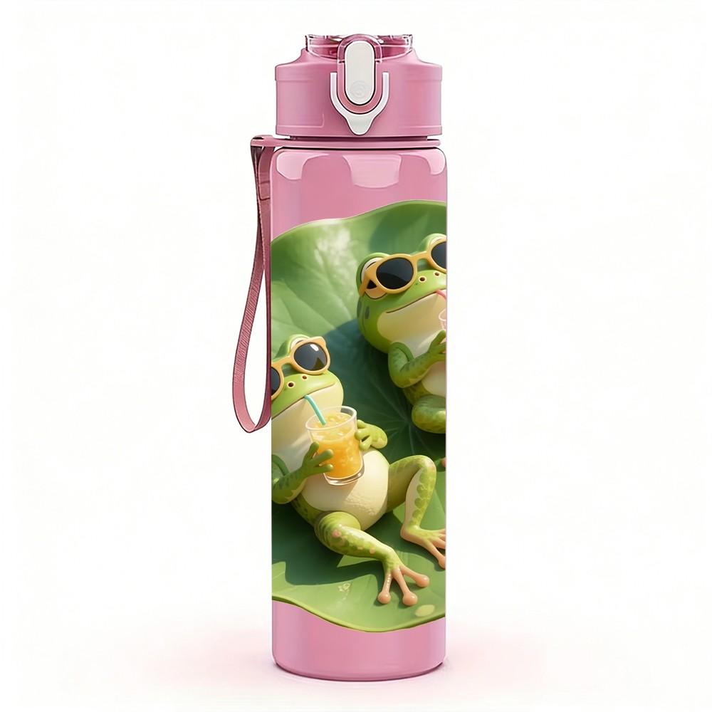 1PC Two Frogs On Lotus Leaf Print 750ml Color Plastic Sports Water Bottle Leakproof Flip Straw Lid Suitable for Sports Office Home Use