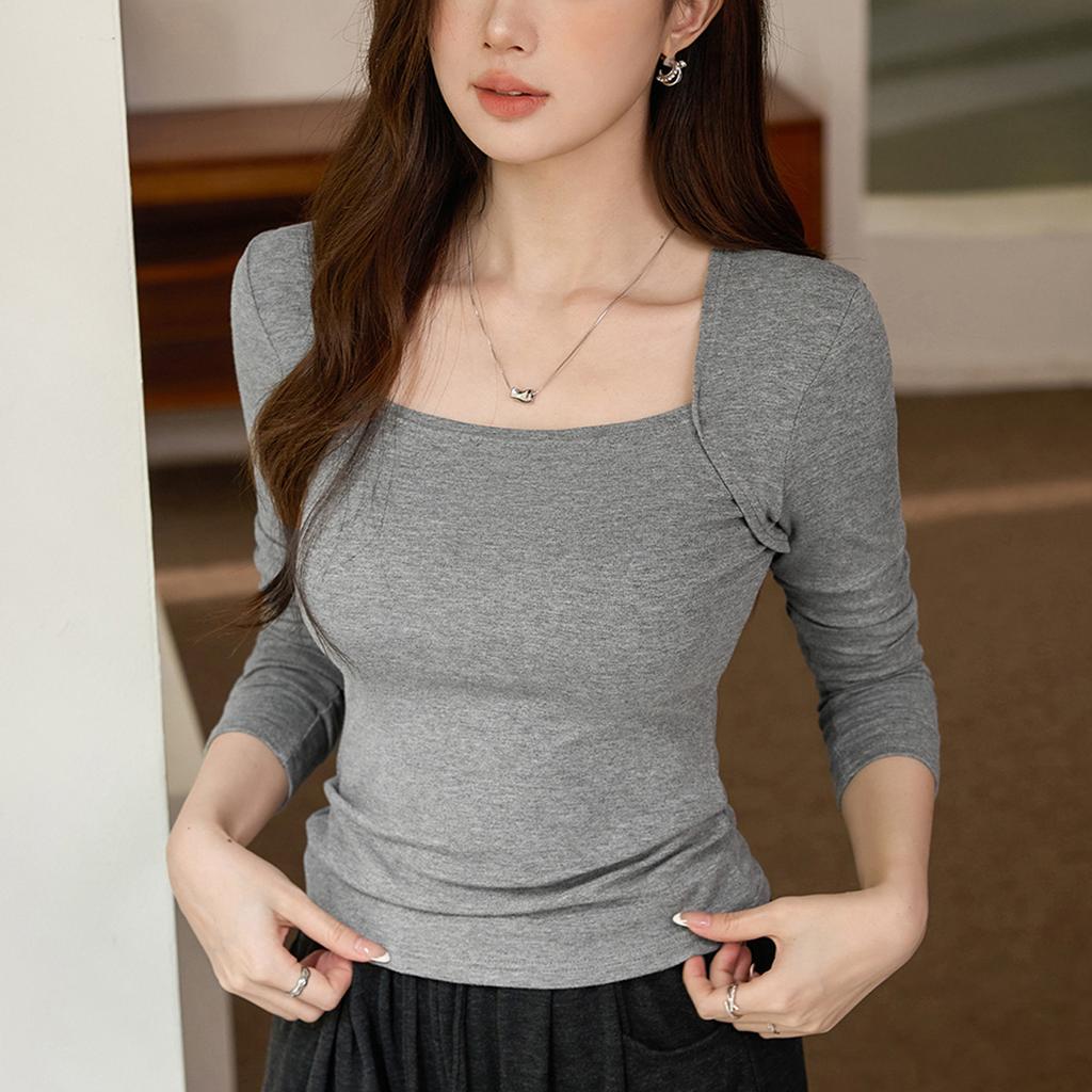 Temperament Shoulder Square Collar T-shirt Women Long Sleeve Autumn New Tight-fitting Bottom Shirt Top