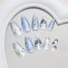 24pcs Gradient Blue False Nails Sets With Diamond Pearl Design Almond Press On Nails Art Datachable Bow Fake Nail Tips Manicure