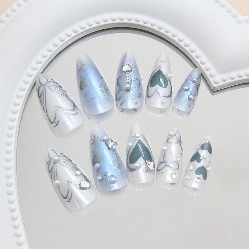 24pcs Gradient Blue False Nails Sets With Diamond Pearl Design Almond Press On Nails Art Datachable Bow Fake Nail Tips Manicure
