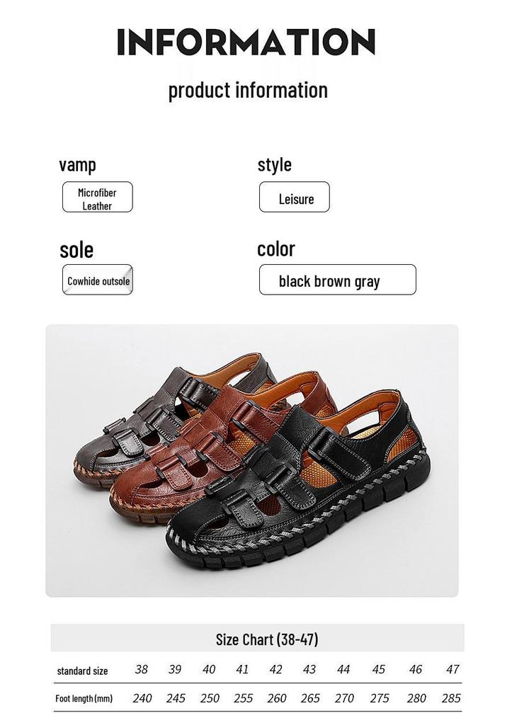 Men's Large Closed-Toe Handmade Leather Sandals, Breathable & Perforated for Beach