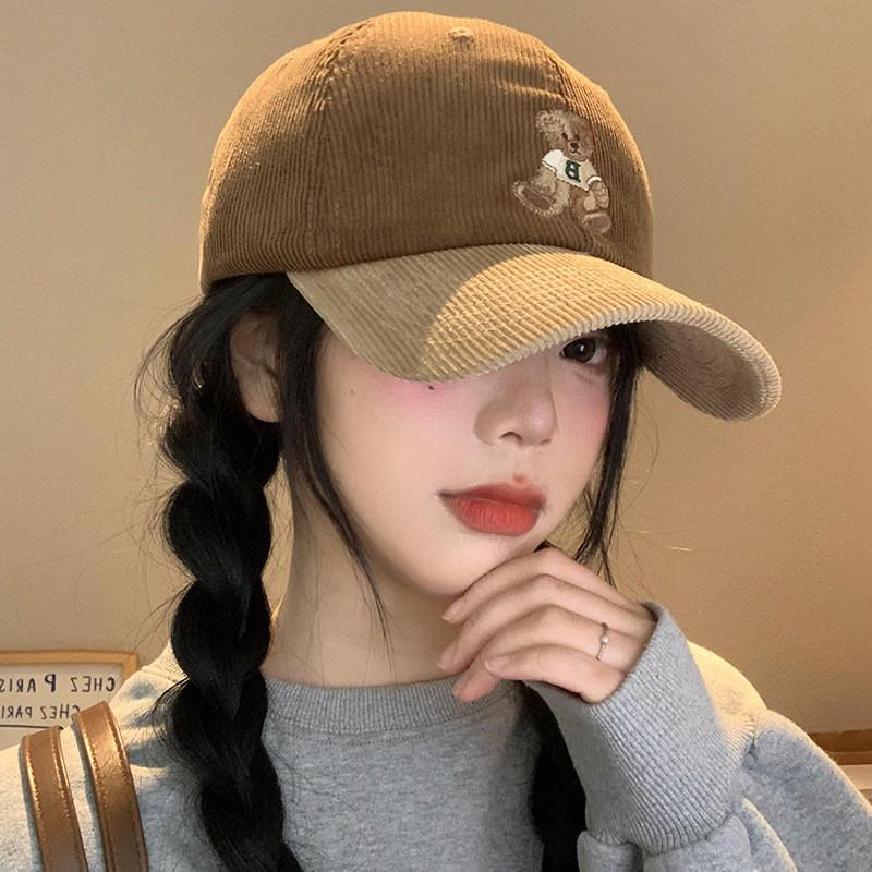 Corduroy Bear Cozy Embroidered Cap For Women In Stylish Colors For Fall Winter
