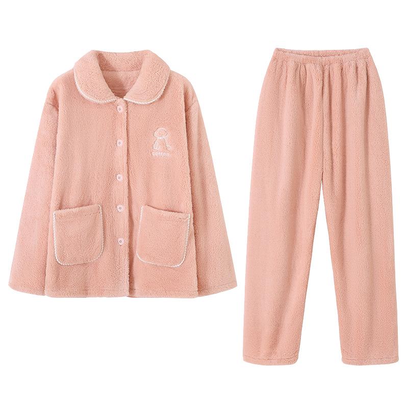 Ensemble de Pyjama d'Hiver en Flanelle pour Femme - Cardigan Mignon, Manches Longues, Vêtement d'Intérieur Chaud et Confortable