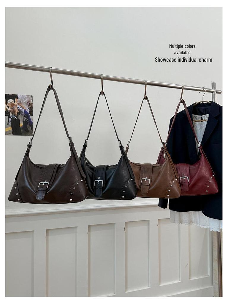 Women's Cross-Border Retro Motorcycle Bag with Rivet Decor & Belt Buckle - Stylish Single Shoulder Underarm Handbag