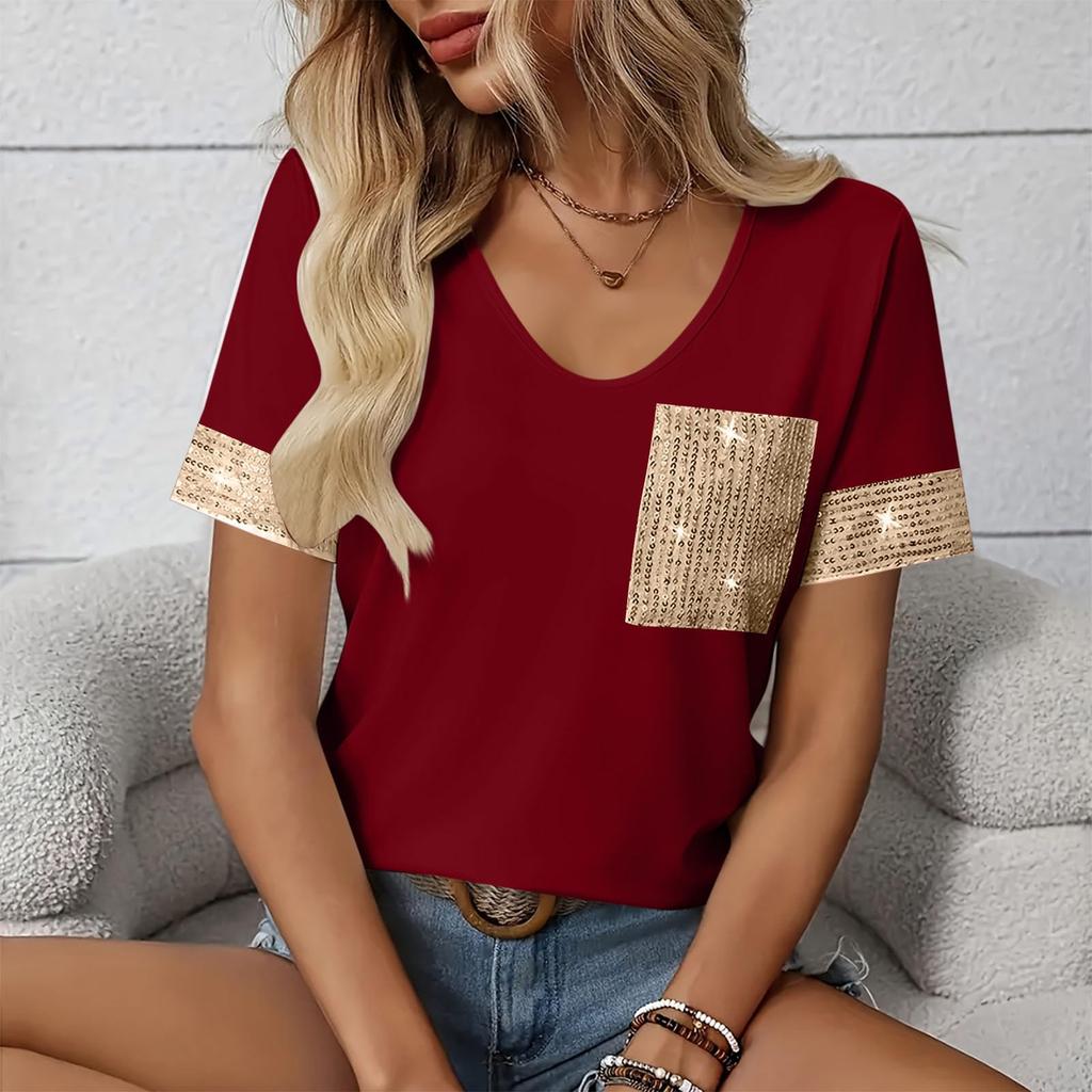 Women Loose Casual Blouse Sequins Patchwork Short Sleeve T-Shirt