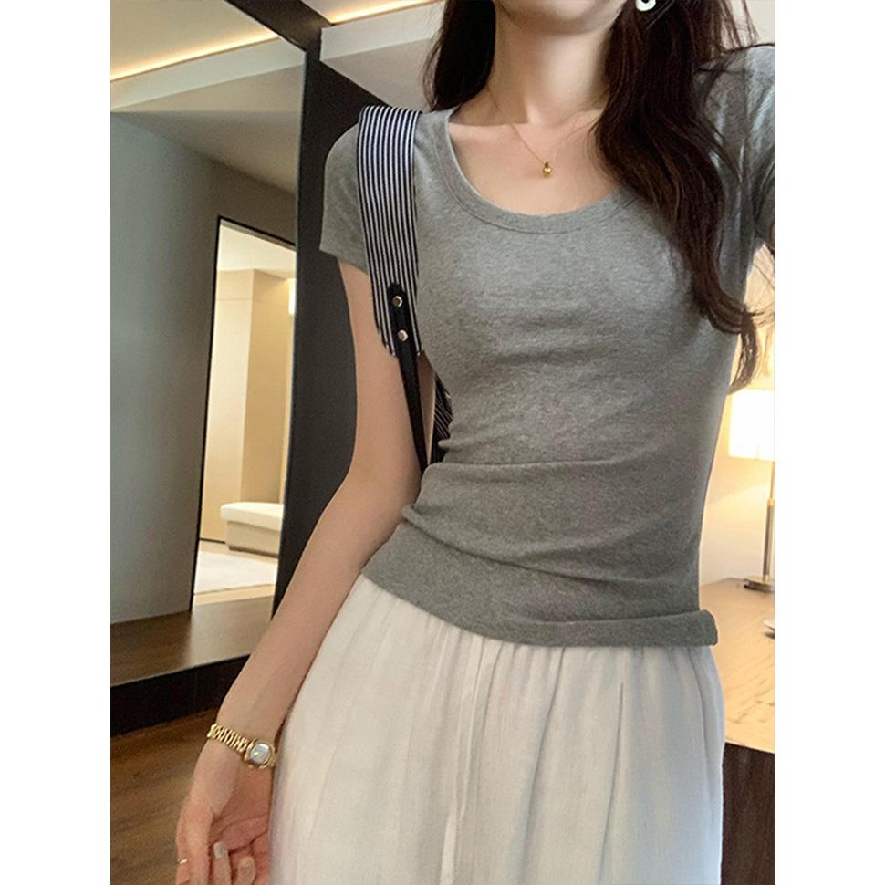 

U-neck slim-fitting short-sleeved women s summer new Spice Girls short pure lust and thin white top 2XL