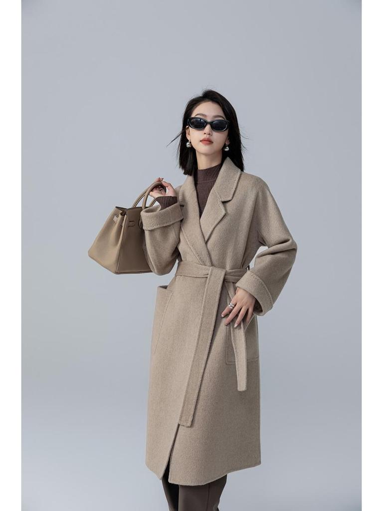 Petite Women's Mid-Length Camel Wool Coat - Loose Double-Faced Cashmere with Tie-Waist for Autumn and Winter.