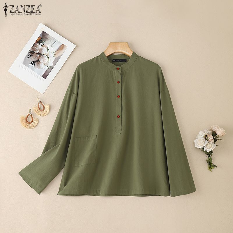 ZANZEA Women Casual Round Neck Solid Color Long Sleeve Cotton Blouse