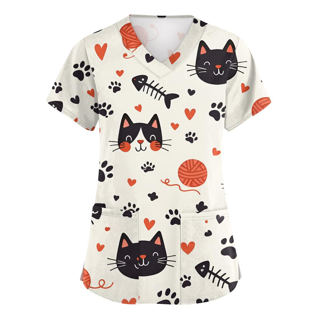 Women's Casual Short-Sleeve Cute Animal Print V-Neck Pocket Workwear Top