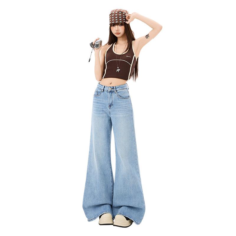 Spice girl light blue jeans women's spring high waist washed micro-pull pants versatile floor pants black gray wide-leg trousers