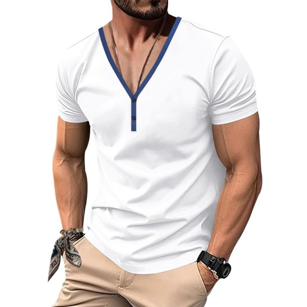 Summer Men's T-shirt, Casual V-neck Henry Shirt, Slim T-shirt, Short-sleeved Top for Men