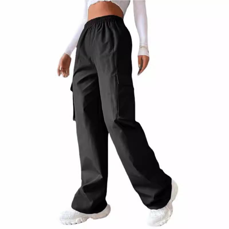 Fashion Women's Clothing Spring and Summer Explosion Solid Color Elastic Waist Flip Pocket Overalls