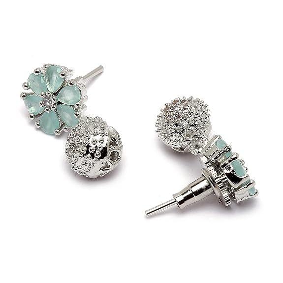 Rhodiovaný stříbrný tónovaný zelený kubický zirkonie posetý květinovým tvarem roztomilý přívěsek s náušnicemi Sada šperků pro dívky a ženy (Zelená)