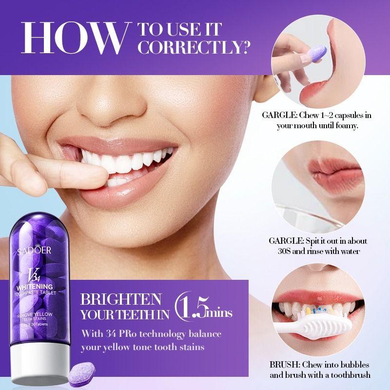 0.9g* 30Whitening Teeth Tablets, Clean Teeth, Toothpaste Removes Stains, Freshens, Fights Allergies, and Solidifies Teeth.