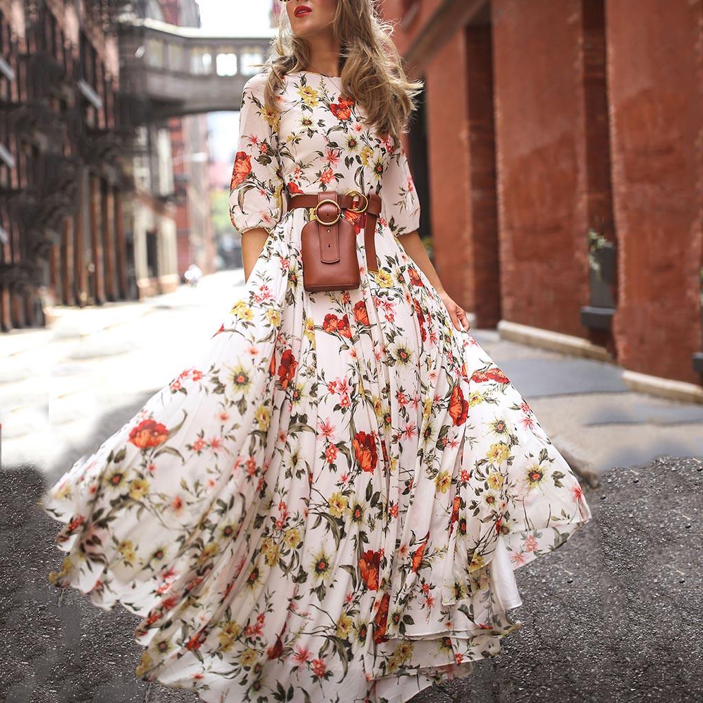 Abito Maxi Vintage a Fiori Stampa Floreale Primavera Moda Donna da Ufficio Elegante Manica Lunga Girocollo Abiti da Donna