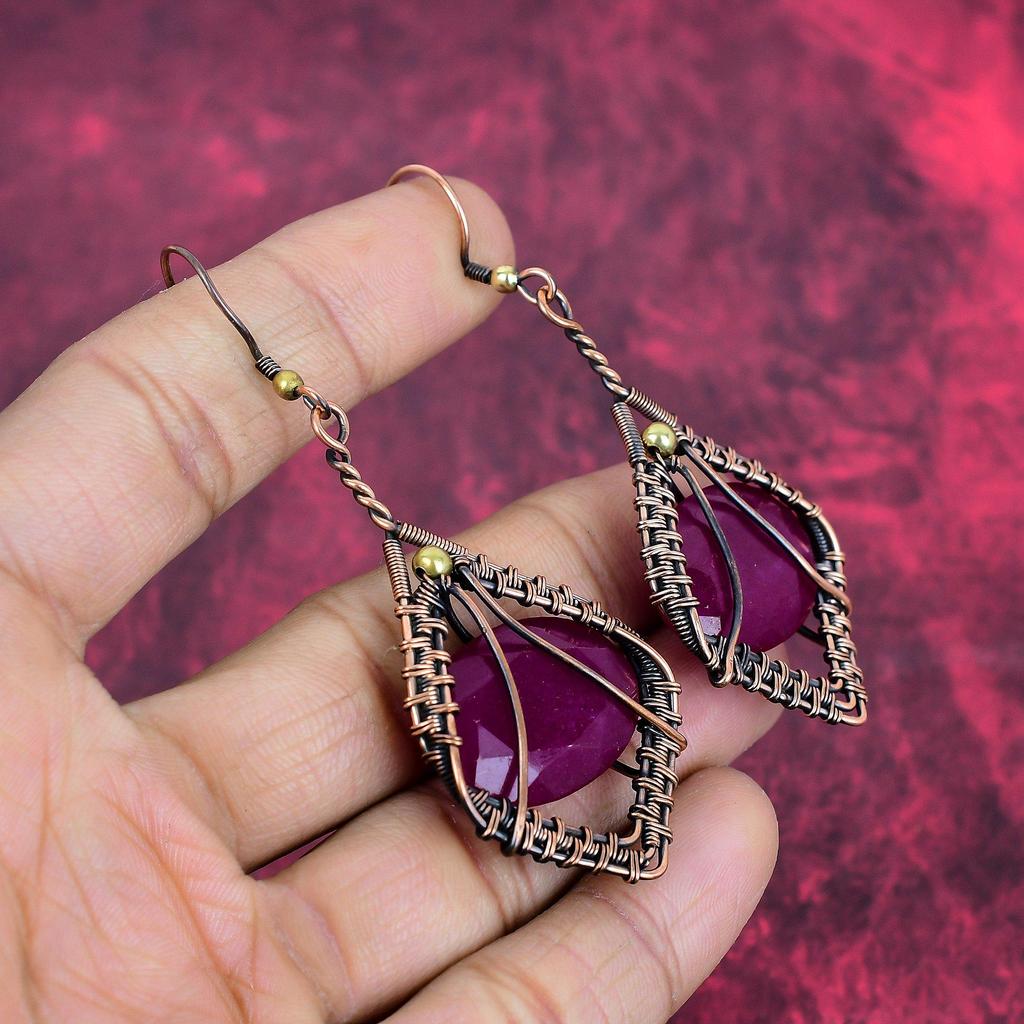 Faceted Kashmir Ruby Earring Copper Wire Wrapped Earring Kashmir Ruby Gemstone Jewelry Gifts for Friend Handmade Earring Copper Wire Jewelry