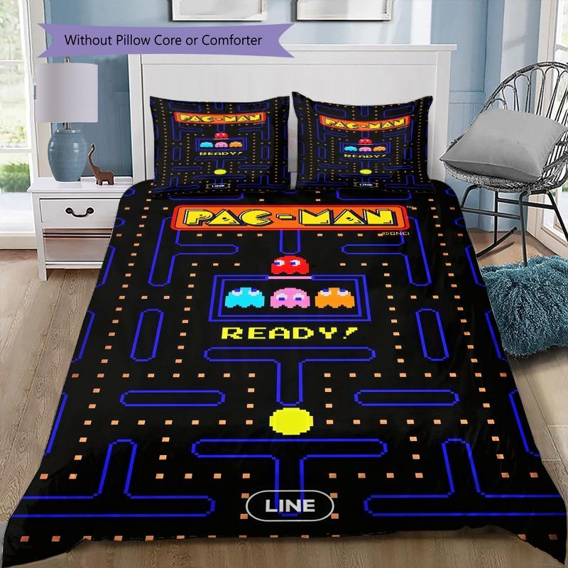 Pac-Man Retro Arcade Game Bedding Set, Polyester Duvet Cover with Pillowcases, No Comforter, Vintage 80s Video Game Bedding for Kids Adults 135x200cm