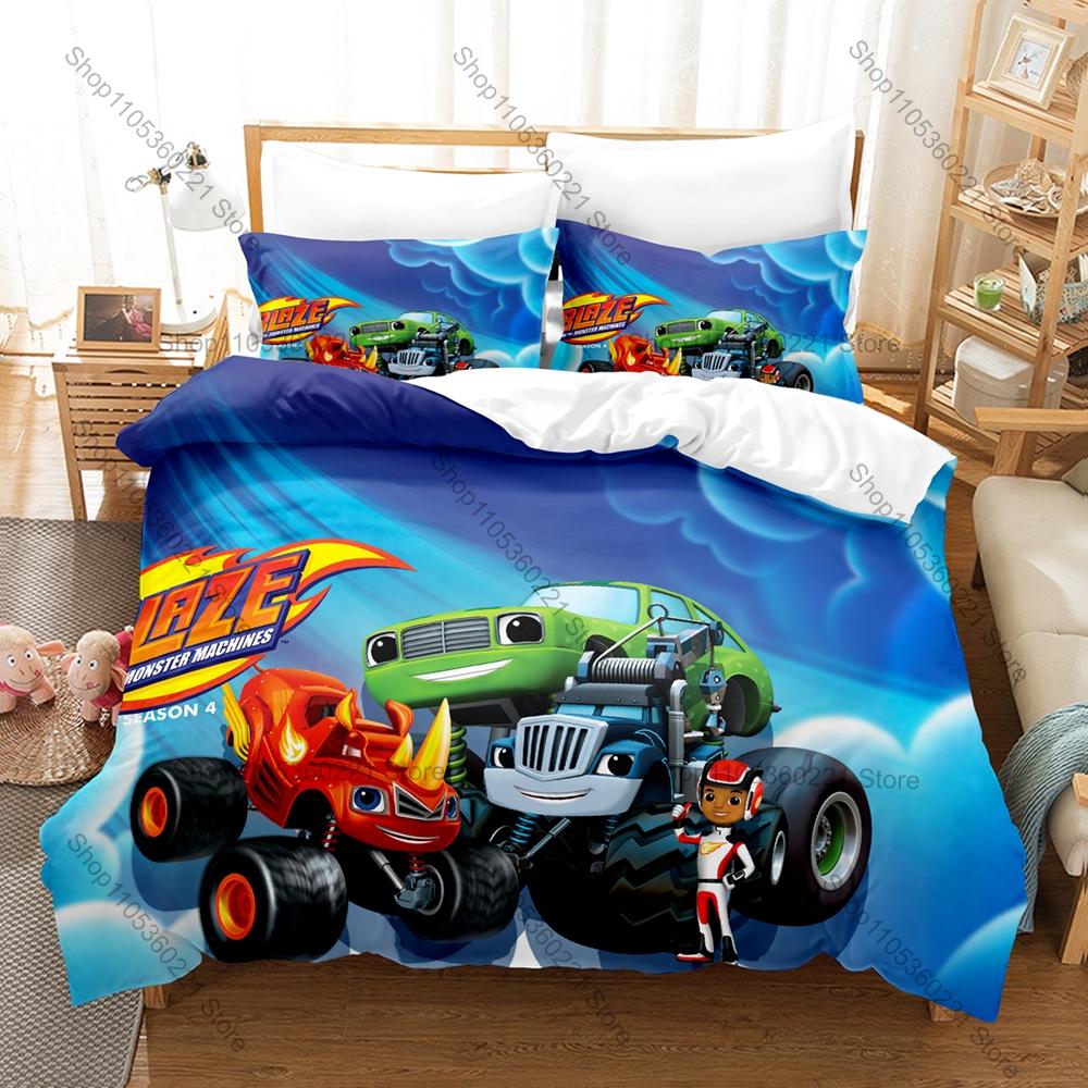 Blaze Monster Machines Theme Bedding Set 3 Pieces Kawaii Truck Print Quilt Cover Set Twin Full Queen King Size with Pillowcases