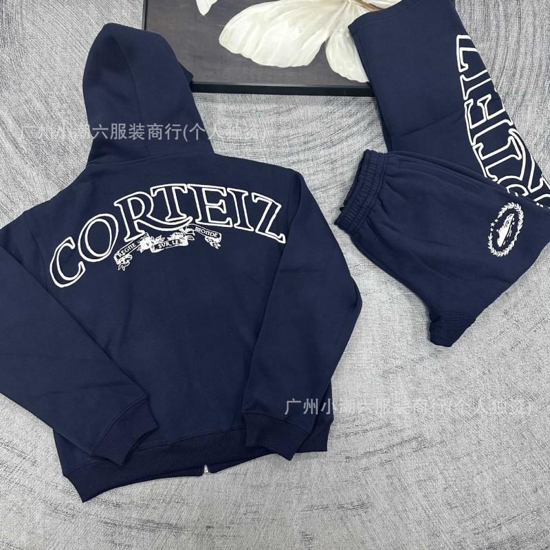 Corteiz Alcatraz Streetwear Mikina s kapucí Set na zip Volný střih Podšitá fleecem Hip Hop styl Dospívající