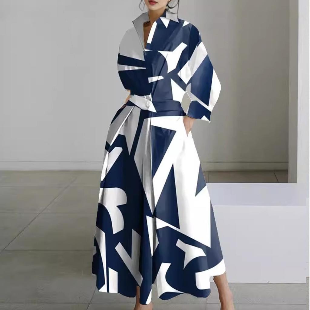 Damen Casual Mode 3/4 Ärmel V-Ausschnitt Blaues Kleid mit geometrischem Druck