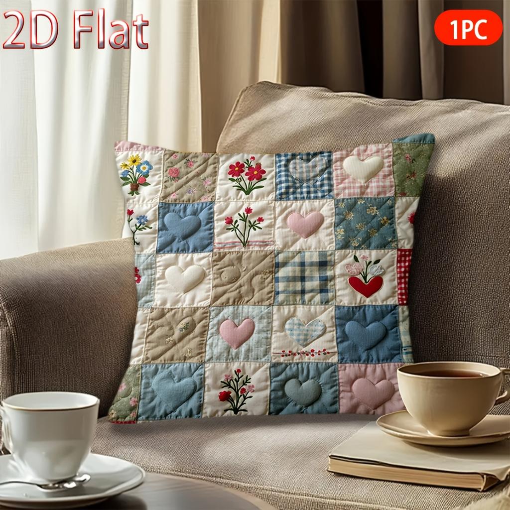 Double Sided Vintage Patchwork Heart Flower Pillow Cover Boho Quilted Print Soft Throw Pillow Case For Home Decor Gift