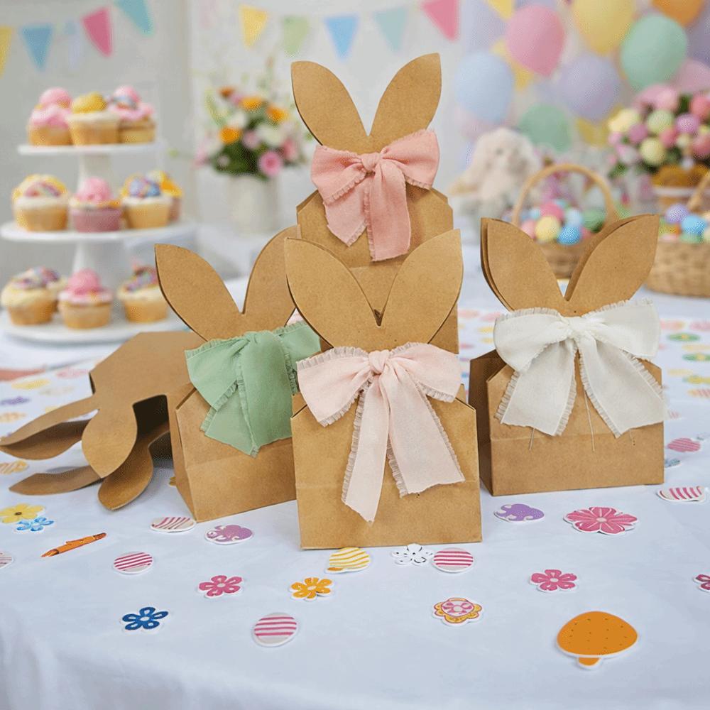 12PCS with Ribbon Bow Easter Rabbit Candy Gift Box Cartoon Bunny Gift Bag  Easter Decoration