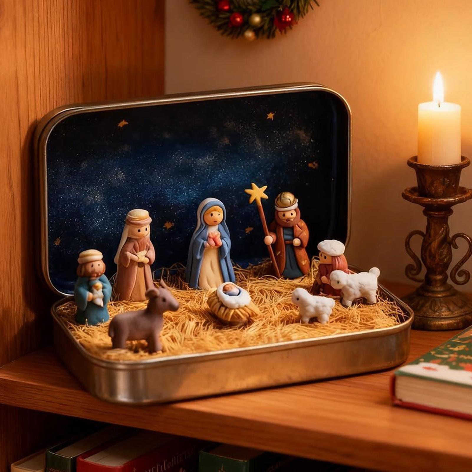 

Tin Box Nativity Set Portable Mini 3D Holy Figurines Religious Ornament Holy Family Christmas Figurines In Tin Box For Desk China Mainland