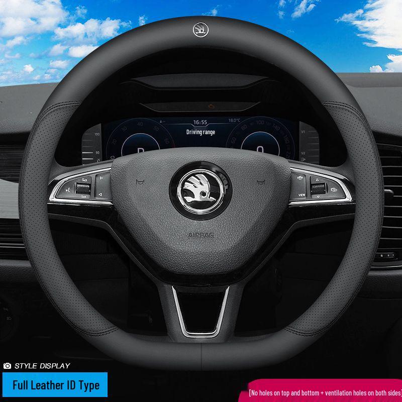 Skoda Leather Steering Wheel Cover for Octavia, Karoq, Kodiaq GT, Superb, Kamiq - Ultra-thin All-Season Universal Fit