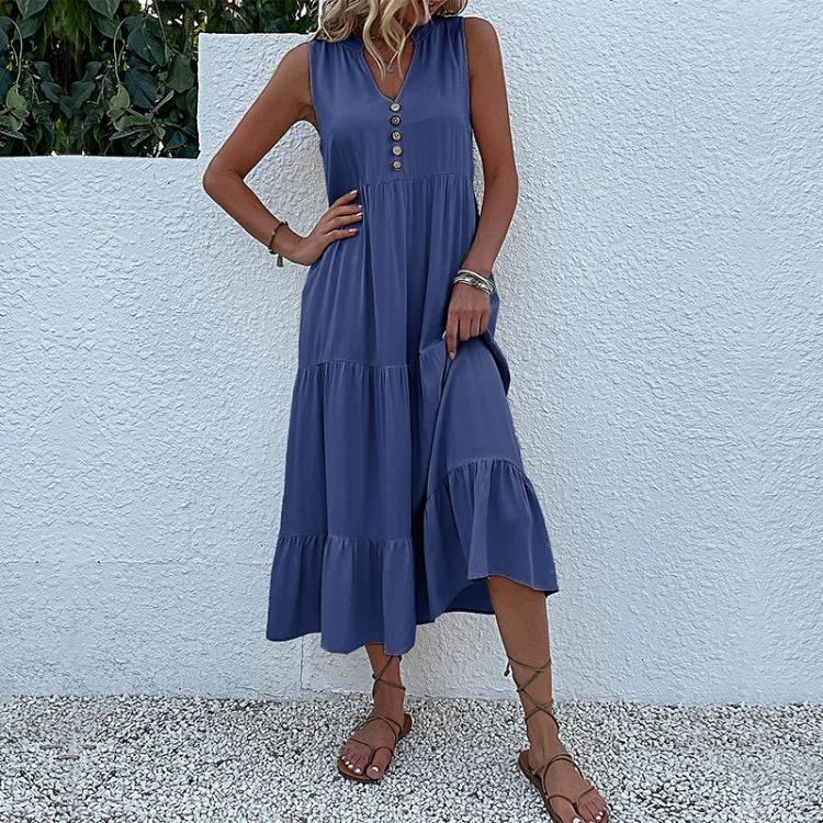 Summer Women Dress Sleeveless V Neck A-Line Knee-Length Solid Color