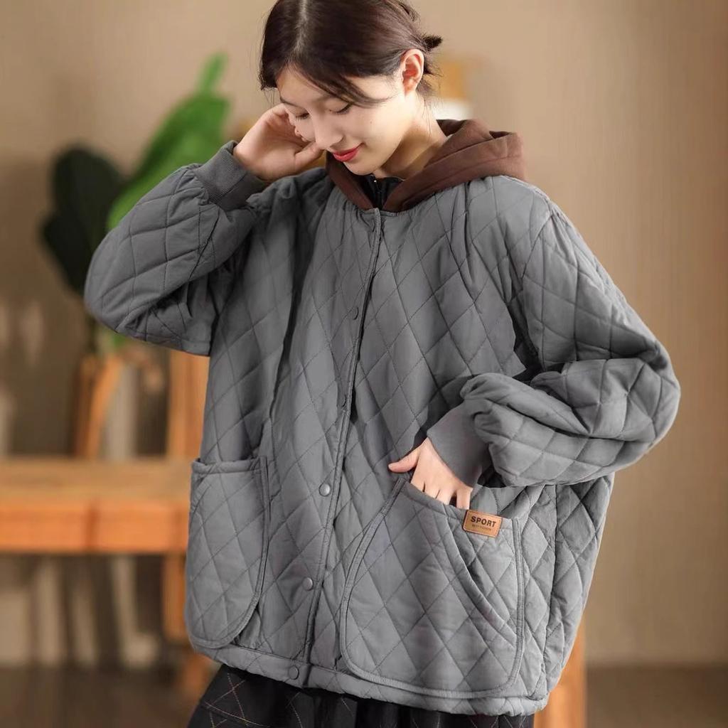 Johnature Women Vintage Hooded Button Solid Color Long Sleeve Winter Coats Casual Warm Coats