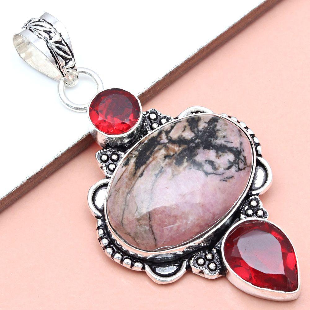 Přívěsek Rodonit Drahokam Dárek Pro Ni Stříbrné Šperky 2,5"