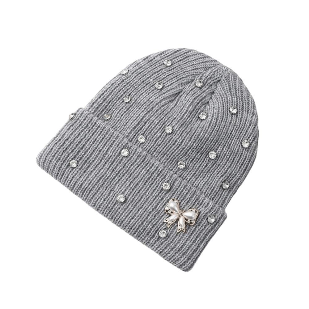 Solid Color Crystal Pearl Bow Beanie Warm Pullover Hat Fashion Knit Hat Outdoor