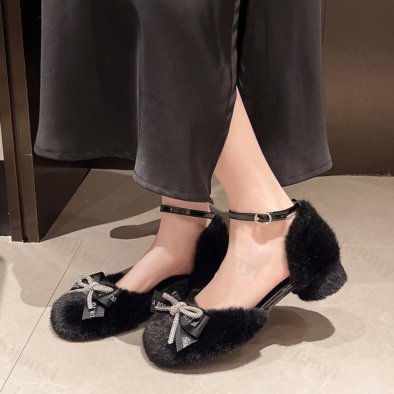 Plush Mary Jane Shoes Women's Autumn Winter Fashion Bow Knot Buckle Strap Chunky Shoes Comfortable Luxury Non Slip Casual Shoes